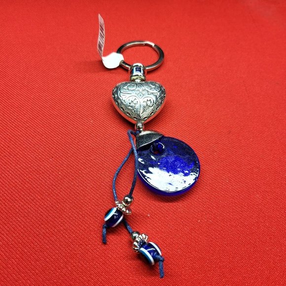 Keychain Key Ring Blue Glass Evil Eye Puffy Heart Silver Tone Metal Etched - Picture 8 of 11